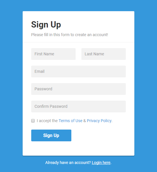 Bootstrap Simple Sign up Form with Blue Background